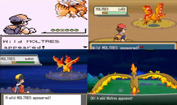 Moltres from the original Red version through Fire Red, Heart Gold, and Y respectively
