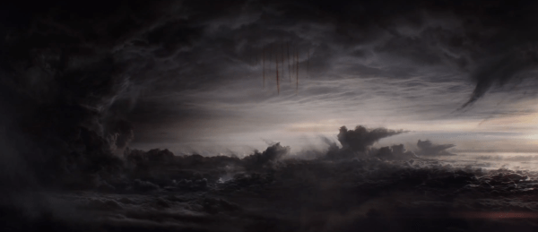 A band of soldiers Halo Jump into the hellish landscape below.