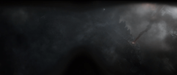 Through a soldier goggles, we get our first glimpse of Godzilla. I feel really sorry for the soldier about to land on his head . . . or in his mouth.