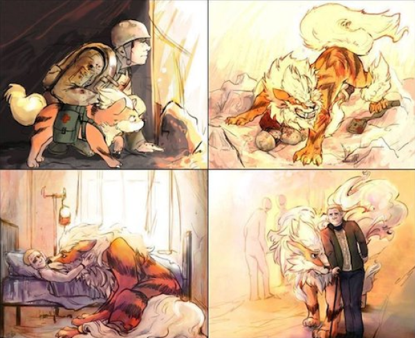 Here's another incredible piece of Fan Art that depicts a touching story about a Solider and his Growlithe's time at War. 